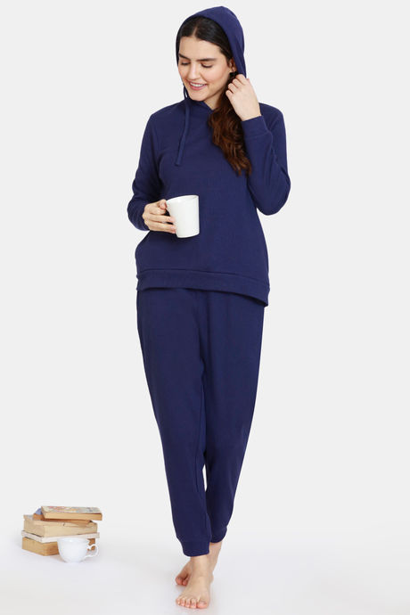 Zivame Cozy Ribbed Viscose Blend Waffle Lifewear Set - Medieval Blue — image 4